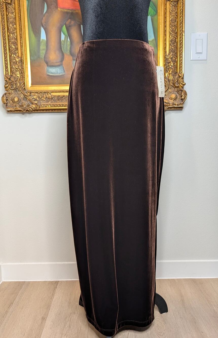 VNTG Willi Smith Stretch Brown Velvet Maxi Skirt High Rise Side Slit Womens Med